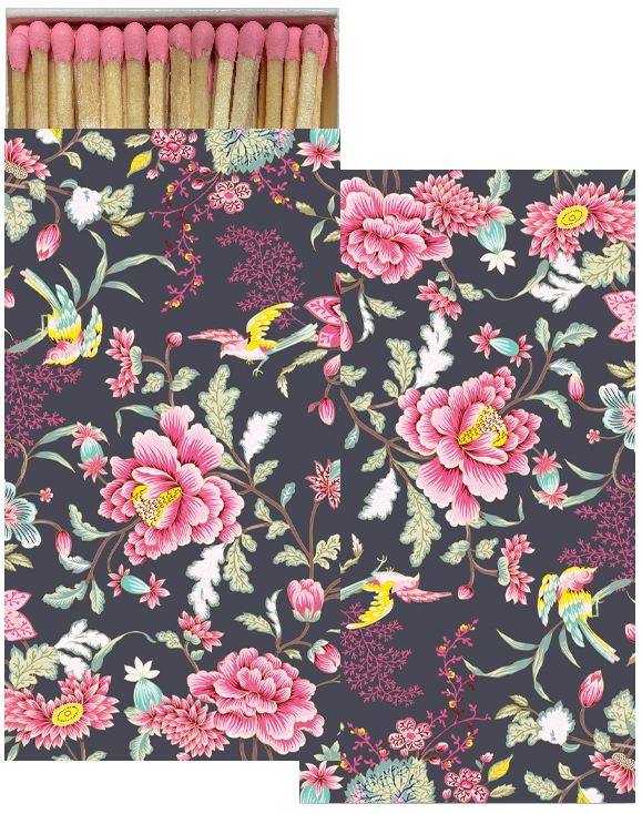 Decorative Matchbox - Lotus & Birds - Black