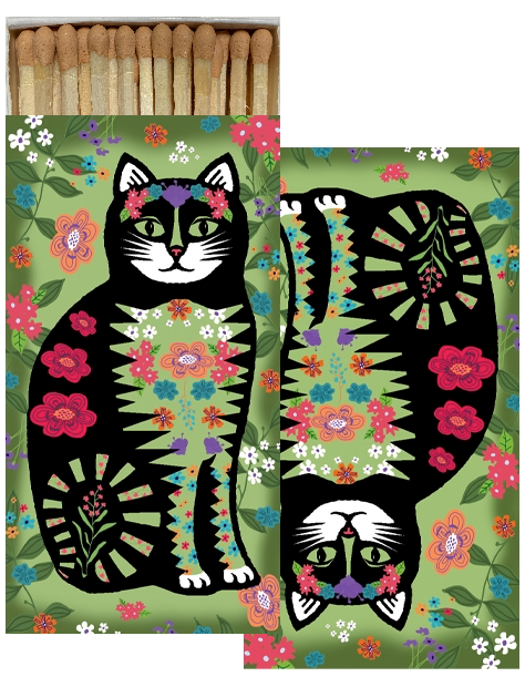 Decorative Matchbox - Flower Power Cat - Green