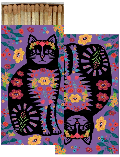Decorative Matchbox - Flower Power Cat - Purple