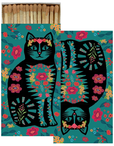 Decorative Matchbox - Flower Power Cat - Aqua